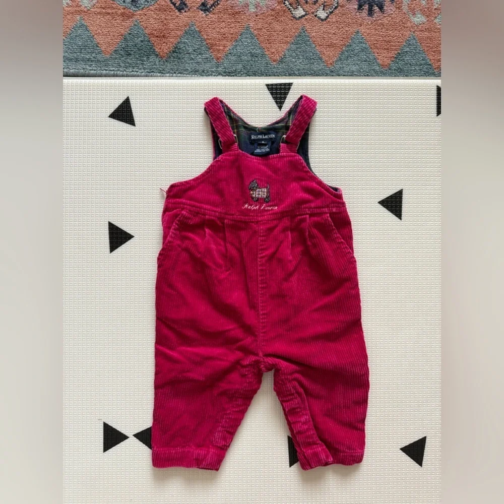 Vintage Ralph Lauren|Baby girl corduroy overalls in vibrant pink w preppy dog•••